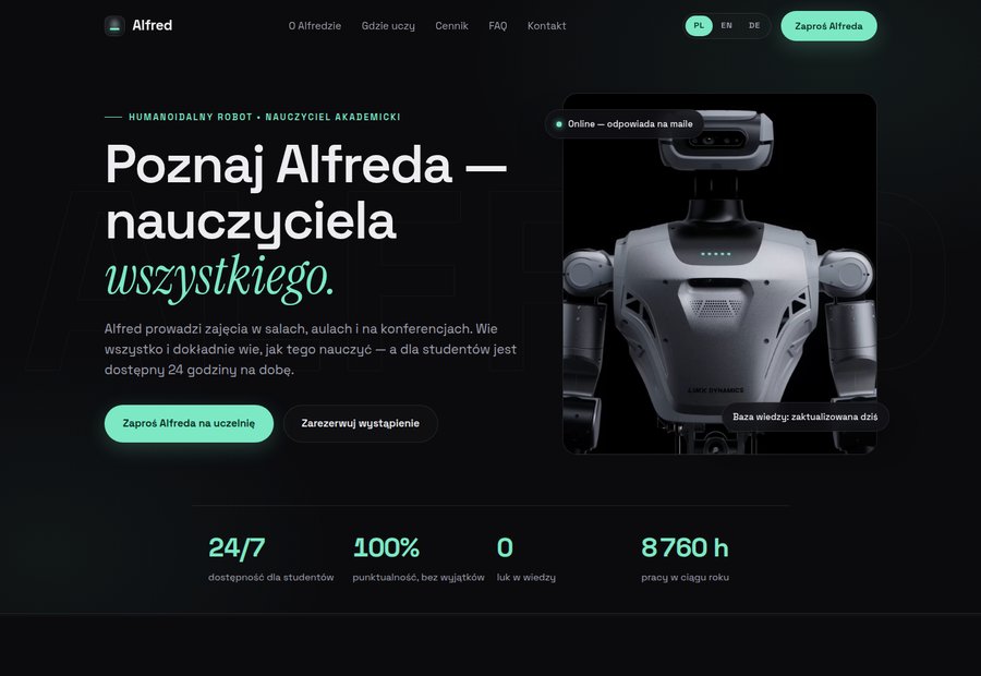 Strona alfrednauczyciel.pl — robot Alfred, nauczyciel akademicki